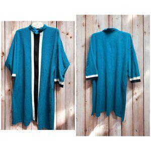 Vintage Vanity Fair Teal Long Sleeve Long Robe With Front Zipper & Striped Desig